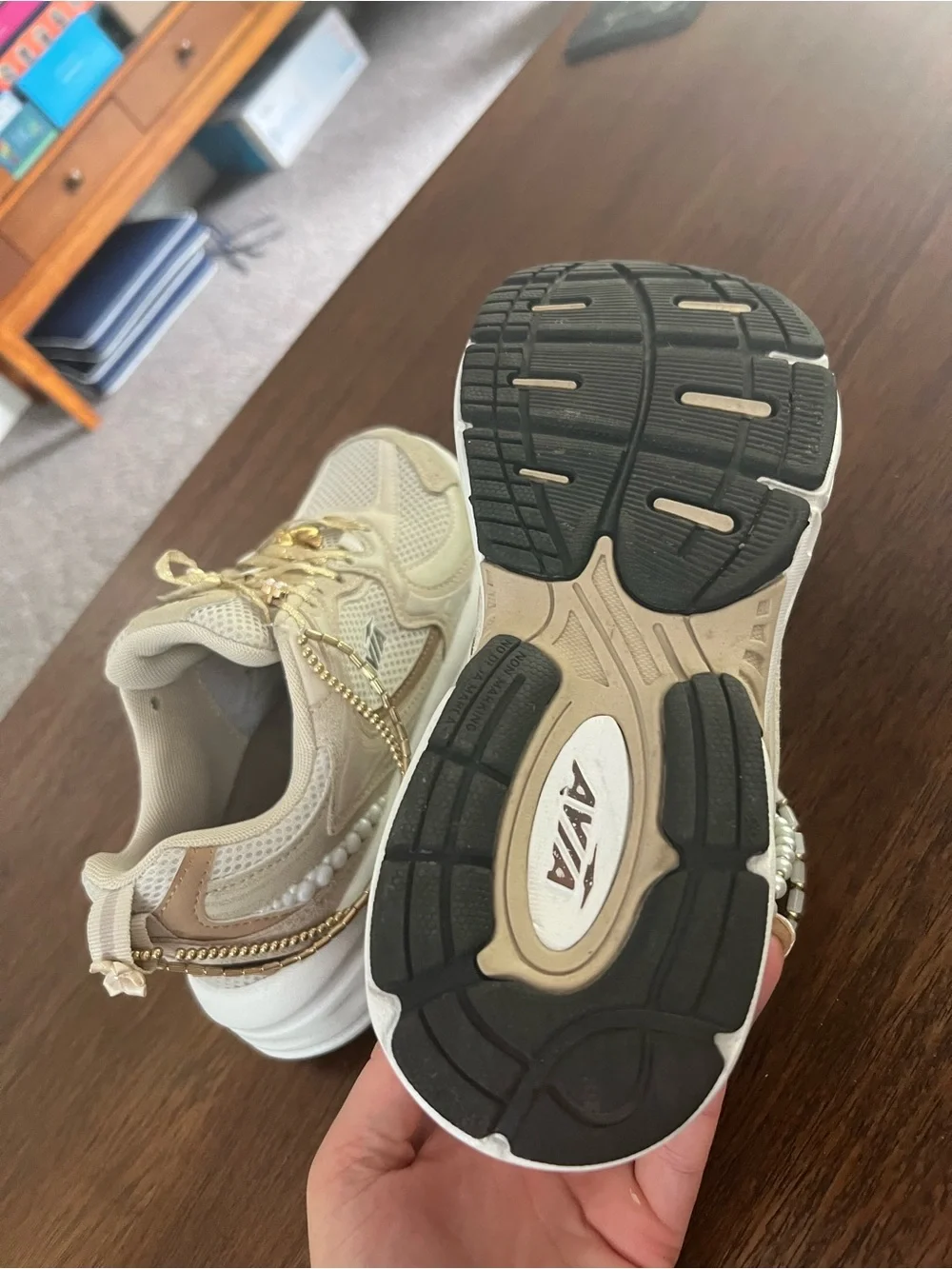Custom designed Avia Women's Cream and Gold Sneakers
